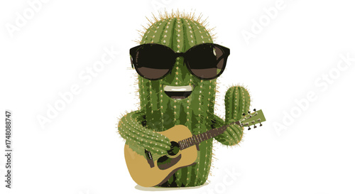 Animated cactus character playing guitar wearing sunglasses isolated