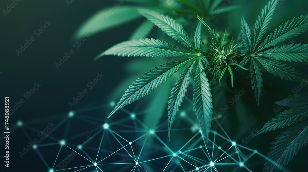 Obraz premium Close up of a green marijuana plant with a glowing geometric network overlay