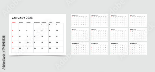 2026 monthly calendar and diary planner. Week Starts on Sunday