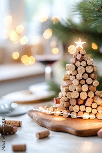 Festive wine cork christmas tree with lights and ornaments on a rustic table