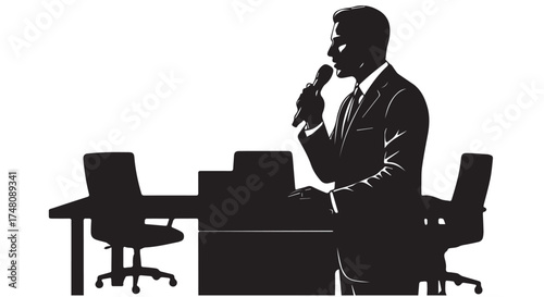 Silhouette of a businessman speaking into a microphone at a conference table isolated on transparent background