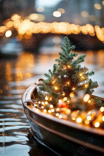 Enchanted christmas tree on boat with twinkling lights on peaceful lake at dusk