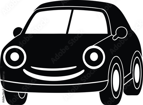 Smiling Car Silhouette Vector | Cute Vehicle Icon with Happy Face in Black | Automobile Cartoon Illustration