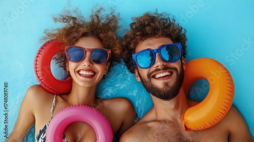 A young couple wearing inflatables and sunglasses relaxes in the pool—perfect for advertising summer vacations, pool accessories, and sunglasses.
