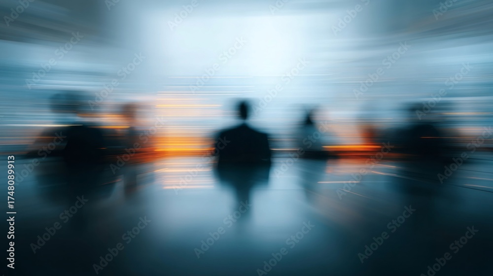 Obraz premium Blurry office scene showing professionals engaged in work activities at their desks during a busy day