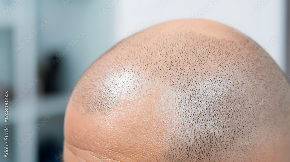 Fototapeta premium Close-up of a partially bald head, showcasing the texture of the skin and the remaining hair, emphasizing hair loss. Illustrates aging or medical conditions.