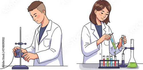 Scientists conducting lab experiments with test tubes, green liquid, dropper, lab stand, teamwork, research, chemistry, STEM, education, diversity