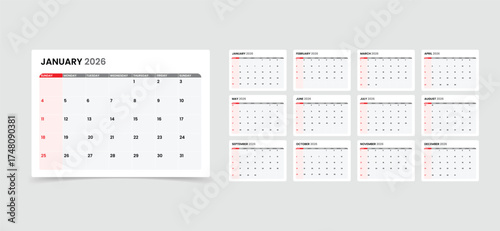 Tableau sur toile 2026 monthly calendar and diary planner. Week Starts on Sunday
