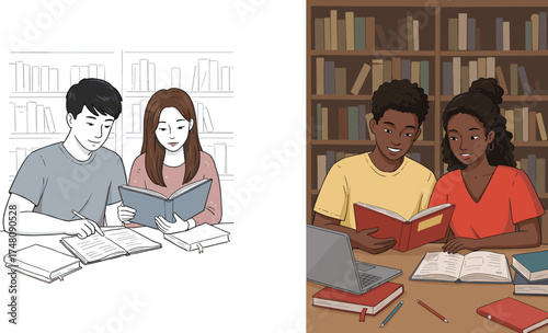 University students studying together in library, collaborative learning, academic teamwork, campus education, diverse youth, books, laptop, grayscale and color