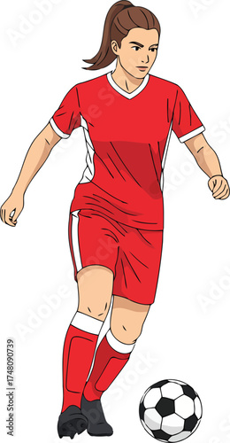 Full-body illustration of a dedicated woman soccer player with her hair tied back, focused on controlling the ball during a game or practice