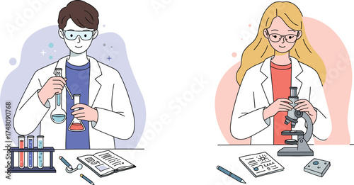 Young scientists in lab coats conducting chemistry and biology experiments with colorful liquids, microscope, equations, and research tools in classroom setting.