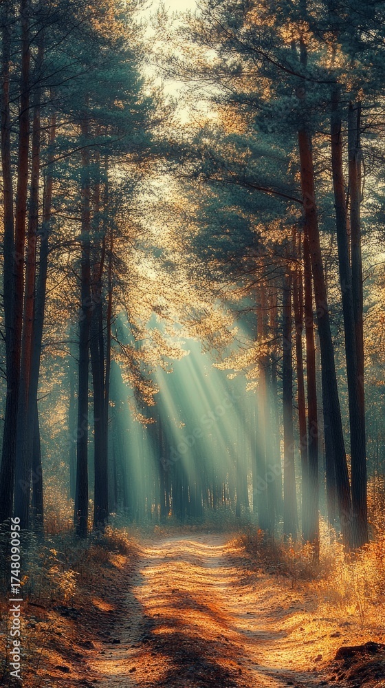 Obraz premium Sunbeams shine through the autumn forest, illuminating the leaf-covered path. Perfect for articles about nature, travel, meditation, as well as a background for motivational posts or book covers 
