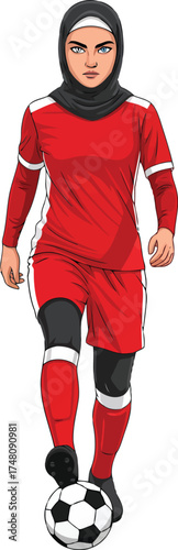 An inspiring graphic of a female athlete showcasing skill and dedication, dressed in a full sports kit, including a hijab
