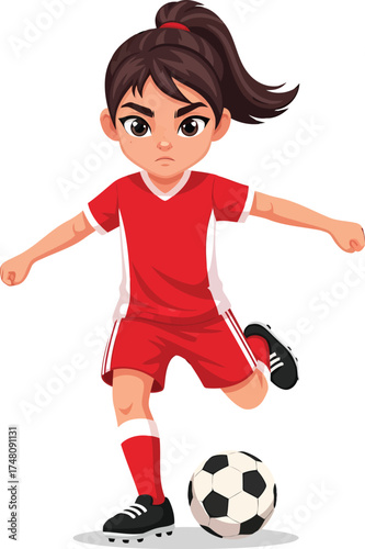 An adorable and fierce graphic of a little girl demonstrating athleticism and concentration while playing with a soccer ball
