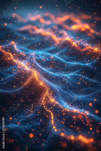 Vibrant cosmic energy flowing through the universe depicting a mesmerizing dance of blue and orange light trails amidst a starry expanse