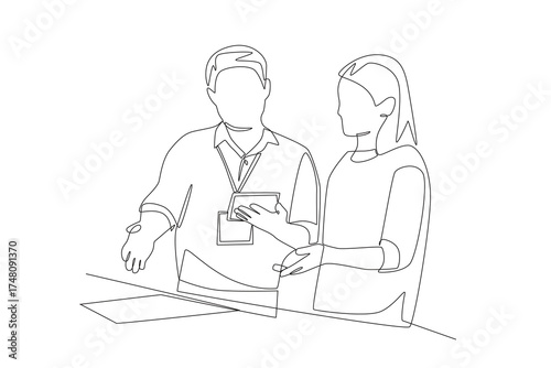 Consulting with store staff concept one-line drawing