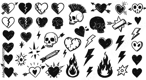 Doodle grunge punk and rock icon set. Hand drawn crayon lightnings, sculls, arrows, hearts, and flame. Crayon hand drawn graffiti groovy punk print kit, emo gothic. Pencil and charcoal scribbles