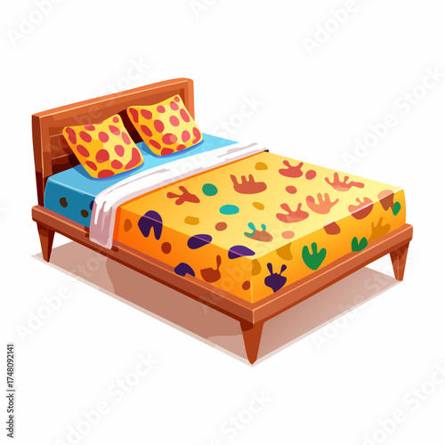 Cartoon bed with colorful patterned bedding and pillows bedroom furniture