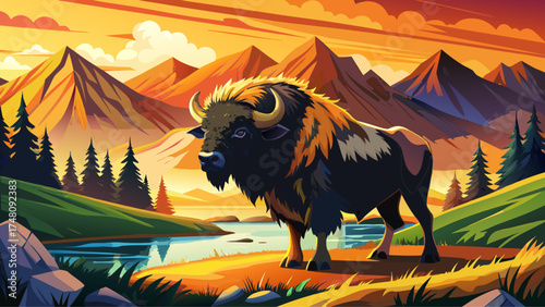 Very beautiful majestic bison standing near a calm river at sunset with mountains in the background, vector-style landscape emphasizing power and natural harmony.