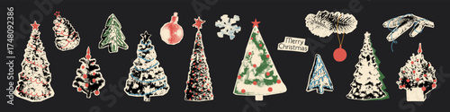 Christmas halftone art collage cut outs set. Paper clippings, decorated Christmas trees and pine branches with vintage dotted texture and doodles. Modern retro grunge mixed media vector illustration