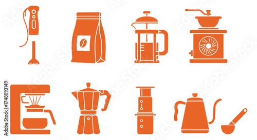 Collection of orange silhouette icons for coffee making equipment and accessories isolated on transparent background