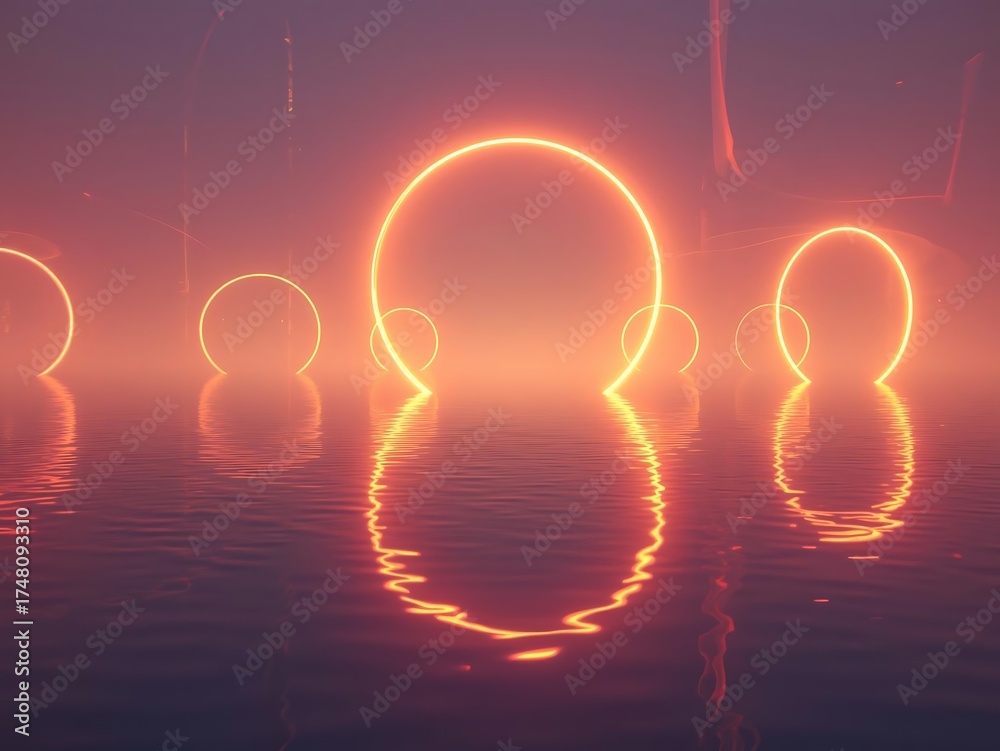 Obraz premium Glowing neon figures reflected in water at sunset