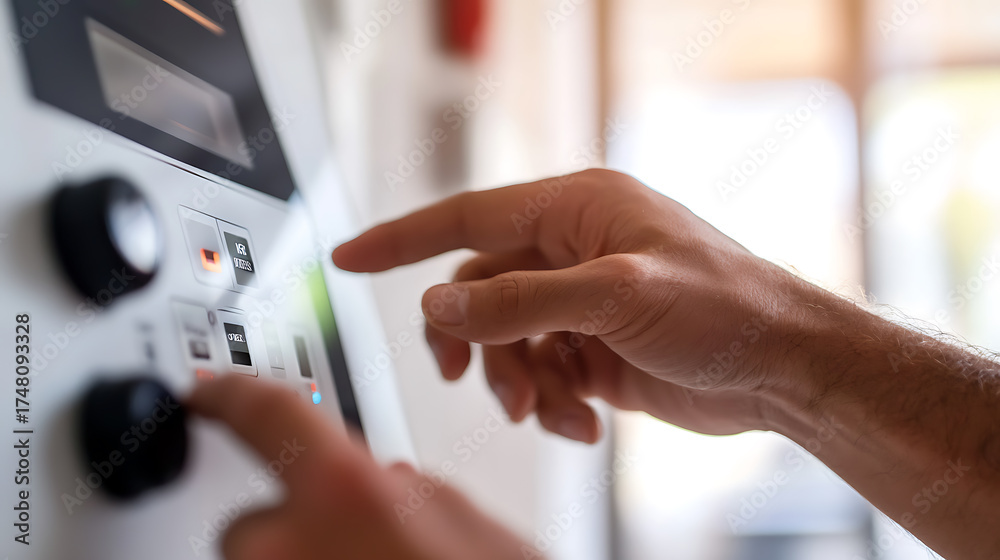 Naklejka premium Fingers press buttons on a device, adjusting settings with precision. Light illuminates interface. Close-up captures detail, emphasizing human interaction.
