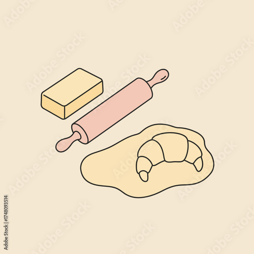 Line Art Culinary Dough Preparation with Rolling Pin and Butter Still Life