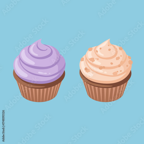 Two Delicious Cartoon Style Cupcake with Cream Topping Illustration