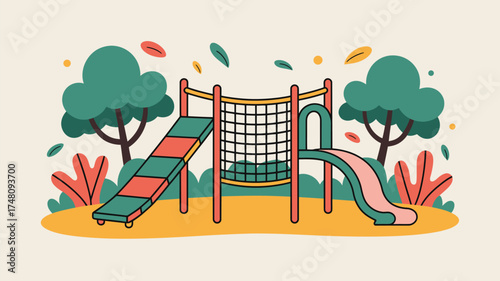 Illustration of a playground with slides and a climbing net surrounded by trees and bushes