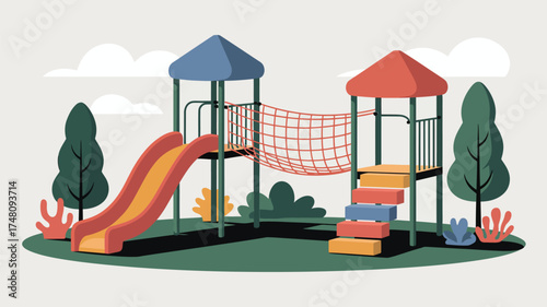 Illustration of a playground with a slide net bridge stairs and trees under a cloudy sky backdrop