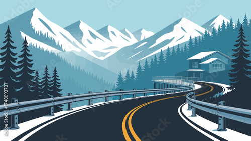 A winding road leads through a snowy mountain landscape with a house nestled among the trees on the hillside