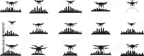 Collection of drone icons symbolizing surveillance technology aerial photography and modern security threats for digital platforms vector