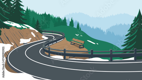 A winding road through a mountain landscape with a bench overlooking the scenic view of distant hills