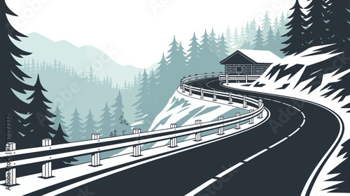 Winding road through a snowy mountain landscape with a building and dense evergreen trees around it