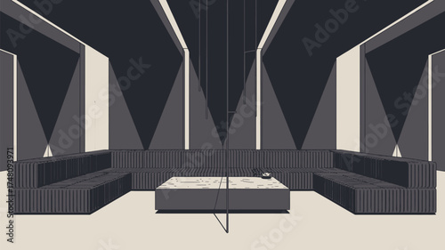 Interior view of a room with a u shaped sofa a square table and geometric wall designs in monochrome