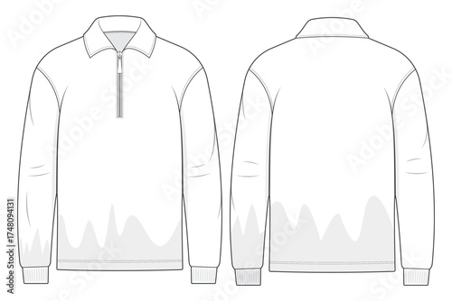 men long sleeve polo shirt with zipper template front and back view, cad sketch vector drawing.