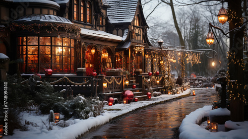 A magical winter evening street view showcasing charming, cozy cottages beautifully blanketed in snow