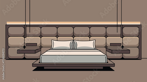 A modern bedroom with a platform bed, cushioned headboard, and floating nightstands in a minimalist style
