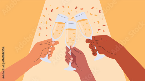 Celebration cheers champagne toast party hands glasses confetti event success occasion gathering festive silhouette