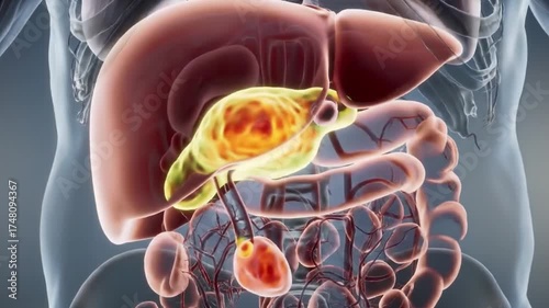 3D animation of cholecystitis, showing an inflamed gallbladder and gallstone