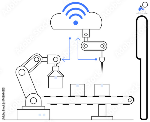 Robotic arm assembling products on conveyor linked to cloud system via wireless connection. Ideal for automation, production, industry 4.0, IoT, smart tech, machinery and innovation. Simple flat