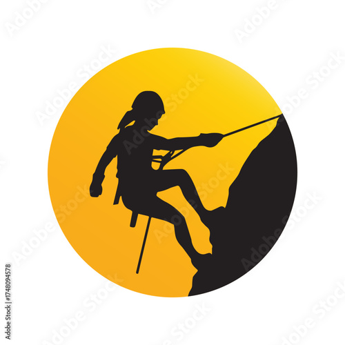 Graphic silhouette of a person rappelling down a rock face, against a yellow circle, symbolizing outdoor adventure, extreme sports, challenge, and vertical descent activities