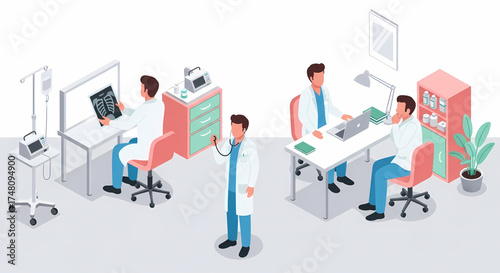 Medical professionals working together in a clinic, doctors examining patients, reviewing x-rays, and consulting, modern healthcare setting, patient care