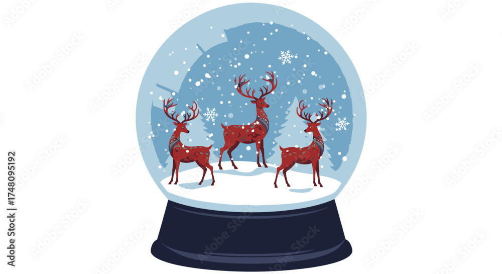 Fototapeta premium Holiday snow globe illustration with three deer and falling snowflakes