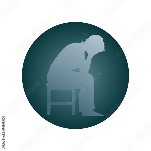 Silhouette icon of a person sitting with head in hands, symbolizing concepts of depression, anxiety, grief, stress, and profound sadness, perfect for mental well-being themes and emotional challenges