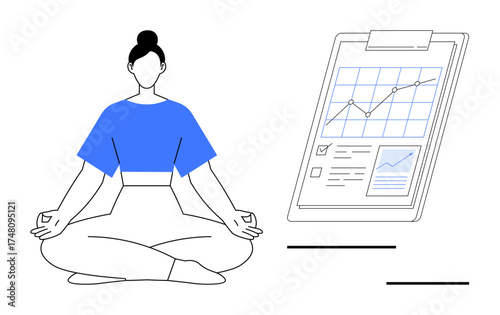 Calm woman meditating in lotus pose near clipboard showing data charts, graphs, and reports. Ideal for mindfulness, productivity, balance, focus, well-being growth work-life harmony. Simple flat