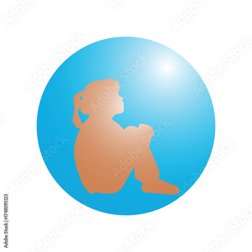 Graphic illustration of a pensive child's silhouette, rendered in warm tones, enclosed within a vibrant sky-blue circle, representing innocence and introspection