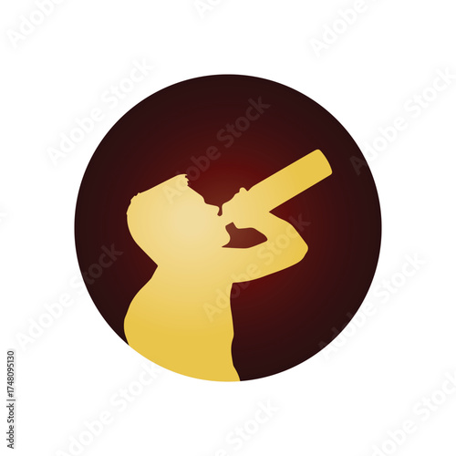 Minimalist golden silhouette of an individual taking a refreshing sip from a bottle, enclosed within a deep red circular graphic, symbolizing hydration, enjoyment, or leisure