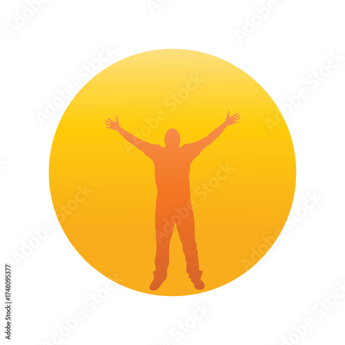 Man with arms outstretched celebrating success and freedom against a bright yellow circular backdrop, symbolizing achievement and joy